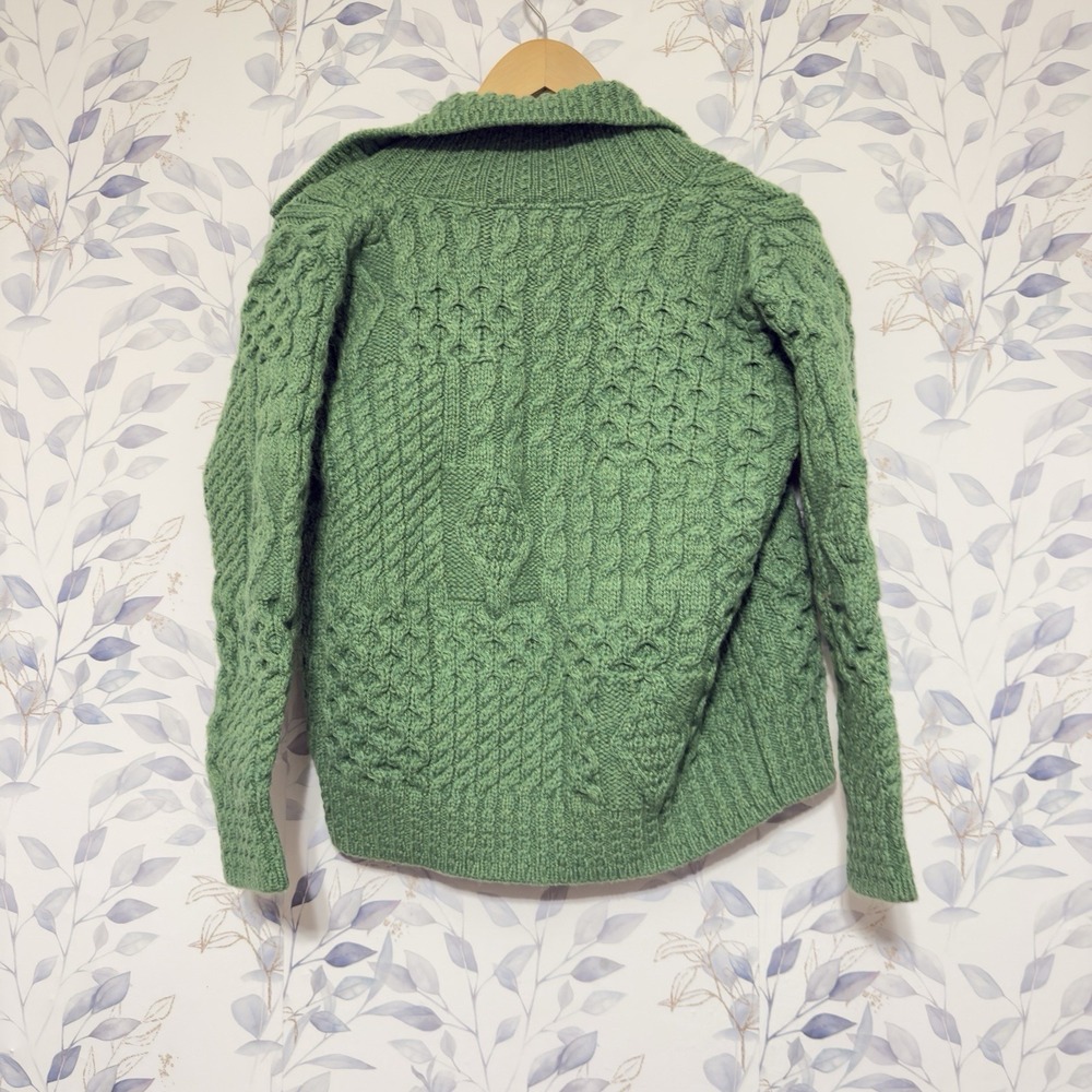 Irish Aran Crafts Women Ireland Size Small 100% Merino Wool Cardigan Green - Picture 2 of 7